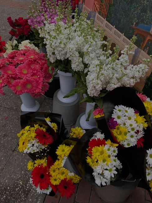 A vibrant display of flower arrangements and bouquets outside Dollish Hill Flowers, featuring a variety of fresh flowers including pink daisies, white snapdragons, red gerbera daisies, yellow chrysant