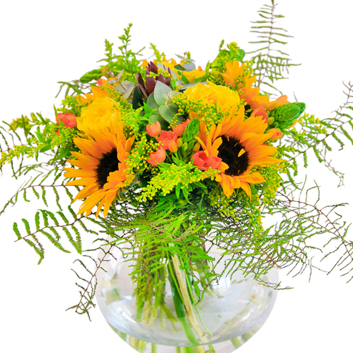 Immediately striking with its radiant palette, this bouquet exudes all the vibrancy of Dollis Hill's late summer days. Towering sunflowers make a powerful statement, their bold yellow and orange petals circling deep, rich brown centers that evoke the vitality of community gatherings at Roundwood Park. Alongside, buttery yellow garden roses open in elegant, dense whorls, their soft fragrance mingling gently with the air. Scarlet hypericum berries burst among the foliage, their round forms gleaming like jewels. The surrounding greenery-feathery fern fronds, sprightly goldenrod dotted with tiny blossoms, and wisps of pale green filler-brings fluidity and depth, softening the composition akin to the gentle breeze weaving through Dollis Hill's leafy streets. Blue-green eucalyptus leaves peek from between the blooms, introducing subtle contrast and a hint of rustic wildness. All are anchored in a contemporary, globe-shaped glass vase-a vessel that reveals the intertwined stems and the freshness of crystal-clear water. As sunlight glances across the bouquet, shadows dance and the sense of movement animates the entire arrangement. Crafted with the care and creativity that defines Dollis Hill Flowers, this piece is a testament to joyful occasions: birthdays, anniversaries, or spontaneous acts of kindness. Every detail-colour, scent, and texture-is a celebration of nature's abundance and Dollis Hill's welcoming spirit.
