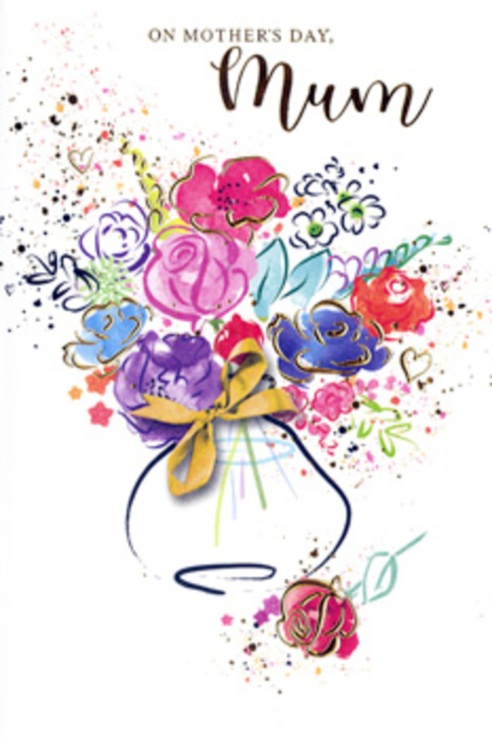 In this expressive Mother's Day card design, the flowers seem to rise from the page like a daydream of a bouquet planned in a Dollis Hill studio, each stroke of watercolour capturing both emotion and motion. The central cluster of blossoms is rich with hot pinks, magentas, and deep cerise tones, their petals layered with translucent washes that give them a velvety depth. Dark indigo outlines lightly trace some of the petals and leaf edges, lending structure without losing the fluidity of the paint. Cooler shades of cobalt, soft blue, and dusky lavender weave between the warmer flowers, creating the sense of a balanced, mixed arrangement that could easily be reimagined in fresh blooms. Fine, shimmering touches of gold accent the petals and stems, not as solid blocks of colour but as delicate veins and outlines that glow subtly, like the last light along the horizon above Dollis Hill's rooftops. Surrounding the bouquet, the artist has scattered playful splatters, heart shapes, and tiny dots, echoing the excitement of children preparing Mother's Day surprises at home. The flowers sit in a loosely rendered vase with softened contours, its base grounded by a tidy golden bow that hints at careful wrapping and presentation, much like a hand-tied gift arriving for same-day delivery along the quiet residential streets. The entire composition feels spontaneous yet deeply intentional, as if an experienced florist were sketching the feeling behind a Mother's Day arrangement rather than recording each individual stem. It becomes a painted promise of gratitude, affection, and shared memories, offering the warmth of a hug in visual form for any mum being celebrated in Dollis Hill.