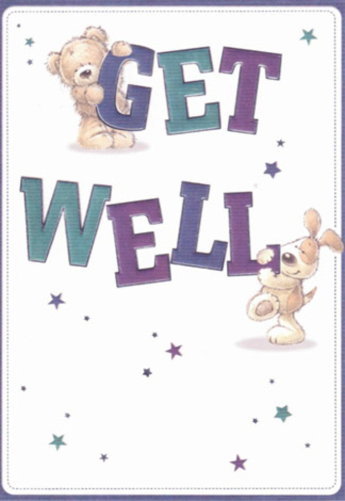 In this softly joyful get well card, the main focus is a playful duet between typography and two endearing characters, all set against a pristine off-white background that allows the colours and forms to breathe. The phrase GET WELL is illustrated in bold, chunky letters stacked in two lines, shaded in a rich palette of deep purple, indigo, and cool teal, with subtle gradients that give the impression of depth and rounded edges. A snuggly teddy bear, drawn with plump limbs and gently textured fur, clings to the upper word GET, its paws draped casually over the top of the letters as it leans in with a caring, almost protective expression. Below, a floppy-eared puppy presses fondly against the word WELL, its rounded muzzle and expressive eyes turned upward, as if checking in on the person reading. Around them, a constellation of stylised stars and tiny bursts of colour in blues, aquas, and mauves sprink le across the space, creating a feeling of floating wishes or kind thoughts drifting gently through the air. The composition is balanced but light, leaving plenty of open space so nothing feels crowded-similar to the calm, uncluttered feeling of stepping into a bright Dollis Hill Flowers studio on a quiet morning. You can almost imagine this card propped beside a fresh get well arrangement on a bedside cabinet near Gladstone Park, the cool purples and teals harmonising with soft blooms and green foliage. Emotionally, the illustration communicates reassurance, playfulness, and genuine care rather than drama, the sort of calm encouragement that makes recovery feel a little less lonely, one small, heartfelt gesture at a time.