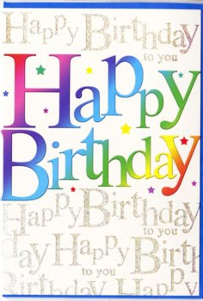 The birthday card shown in the image feels like a little party all on its own, much like stepping into a cosy Dollis Hill café filled with chatter and clinking teacups. The central focus is the phrase Happy Birthday, displayed in generous, rounded lettering that stretches confidently from left to right. Each letter is infused with a vivid, velvety colour, moving through a carefully blended rainbow-starting with rich wine red at one end, slipping into pink and juicy orange, mellowing into a buttery yellow, and then cooling through spring greens, sea blues, and soft purples. The gradient is so smooth it seems airbrushed, and the letters possess a subtle sheen, suggesting a high-quality, semi-gloss print that would feel almost silky under your fingertips. Behind this main message, the card's background is alive with repeated lines of Happy Birthday to you written in fine, looping script. The ink appears to be a warm metallic gold, catching small, scattered highlights as if the card were positioned near a window, with daylight similar to that filtering through trees along Dollis Hill Lane. The script is layered densely, yet it remains delicate, like lacework, providing a sophisticated contrast to the bold rainbow text. Specks of colour resembling confetti or tiny stars are sprinkled throughout, bringing a subtle sense of movement and fun, as though the card had been lightly showered with party glitter. Altogether, the design feels both joyous and heartfelt-exactly the kind of card someone in Dollis Hill might pair with a bright bouquet to make a special birthday feel even more memorable.