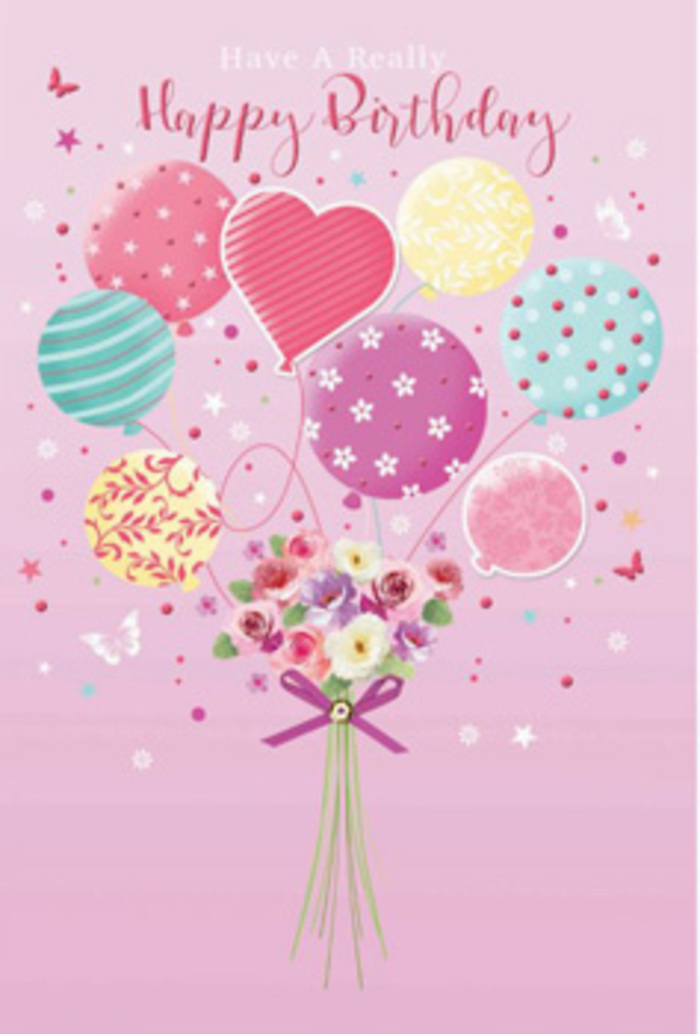 This gentle birthday design feels like a little celebration floating above the streets of Dollis Hill, where pastel balloons lift a dainty bouquet into a dreamlike sky. The background is a soft, powdered pink, reminiscent of the calm just before guests arrive for a party at a home near Dollis Hill Broadway. From the centre, a cluster of balloons rises as if caught in a light breeze-each one unique and full of character. Some glow with pale sunshine yellow, others swirl with candy-coloured stripes in rose and sea green, while a few are sprinkled with dancing polka dots. A heart-shaped balloon anchors the group, radiating affection and making the whole arrangement feel like a loving birthday hug. Below, a hand-tied bouquet of petite roses and soft, daisy-like blooms gathers at the base. Their petals shift from creamy ivory at the centre to blush and fuchsia at the tips, as if kissed by gentle morning light. The flowers seem lush and freshly picked, like stems chosen moments ago from a local supplier and arranged with a practiced, caring hand. A sparkling purple ribbon cinches the stems, its satin texture catching the soft glow that falls across the scene. Around the bouquet, delicate butterflies and tiny stars float, adding a touch of fairy-tale wonder and hinting at laughter, candles, and shared wishes. The whole composition whispers happiness rather than shouting it-a quiet yet heartfelt birthday greeting that feels intimate, thoughtful, and perfectly suited to someone special in Dollis Hill who deserves a moment of pure delight.