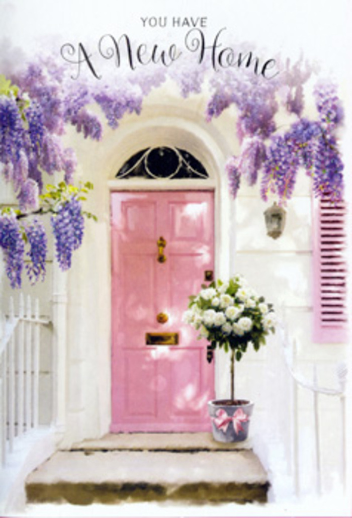 This image captures the poised stillness of a new home in Dollis Hill, caught just at the moment before guests arrive or a family crosses the threshold for the very first time. A pale pink door stands centre stage, painted in a soft, milky blush that feels both playful and reassuring, like a gentle smile in the middle of a quiet street off Dollis Hill Broadway. Overhead, generous vines of wisteria tumble down in cascading curtains of lavender blossoms, their clustered blooms forming a natural canopy that both shades and celebrates the entrance. The whitewashed walls on either side enhance the pastel palette, reflecting light and subtly amplifying every soft violet, cream, and pink tone. Leaning close to the step, a metal bucket in a refined grey hue holds a lush bouquet of white and cream roses, each bloom rounded and full, with a texture almost like whipped silk. Interwoven among the roses are sprigs of fresh greenery, their leaves a cool, calm green that keeps the arrangement from feeling too sweet, giving it a modern edge. A satin ribbon in muted pink wraps the bucket, its tails trailing gently like the last note of a love song. The air around this composition is easily imagined: lightly perfumed with the mingled scent of roses and wisteria, and touched by the faint, distant sounds of buses and footsteps from nearby Willesden Green. It feels like a scene a local florist might create for a housewarming, a quiet but deliberate gesture that says this doorway is more than wood and paint-it is the beginning of stories, friendships, and long evenings spent safe and content within. Every petal and vine collaborates to create a welcome that is as sincere and heartfelt as any spoken words.