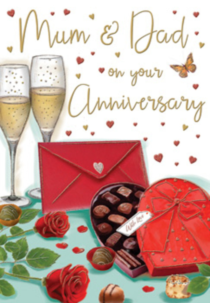 This richly detailed anniversary card seems to capture a moment of celebration set within a Dollis Hill living room, designed with Mum and Dad firmly in mind. Front and centre, a heart-shaped box of chocolates rests on the table, its deep red casing finished with an elegant, oversized bow that looks almost like folded silk. The lid is gently open, revealing an inviting arrangement of chocolates, each piece distinct in shape and gloss, like little treasures waiting to be shared. Just behind this indulgent centrepiece stand two tall champagne flutes, their clear glass catching subtle reflections of warm light, as if the room were softly lit after dusk. The glasses are filled with pale golden champagne, and the bubbles rise delicately, evoking the sound of toasts and laughter echoing through homes off Dollis Hill Lane. To one side lie two luxurious red roses, their petals velvety and richly coloured, crowded with intricate folds that mirror the fullness of a freshly delivered bouquet from Dollis Hill Flowers. The roses rest against dark, polished green leaves, giving the composition a natural, almost fragrant vibrancy. Scattered across the card's background are tiny hearts in shades of crimson and muted gold, drifting around a hand-lettered message dedicated to Mum & Dad, the flowing script lending a personal touch. A bright scarlet envelope, carefully placed and sealed, suggests written words of gratitude and reminiscing-perhaps stories of years spent together raising a family by Gladstone Park. The overall mood is indulgent yet deeply tender, combining the sparkle of champagne, the sweetness of chocolates, and the timeless romance of red roses into one loving tribute to enduring partnership.