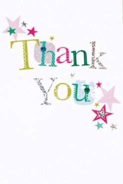 This thank you card dances with delight, much like an impromptu celebration at Dollis Hill's local community halls. 'Thank You' sprawls across the pure white front, each letter stitched with intent and artistry-lime, rosy pink, and serene blue alternating in a joyous patchwork. Some letters shimmer subtly with silver, catching the light like morning dew on nearby Willesden Lane gardens, while others play host to delicate patterns: tiny polka dots, charming stitched flourishes. Scattered stars in effervescent hues-magenta, teal, and sunlit gold-spill to the margins, recalling the cheerful scatter of confetti after a joyous occasion. There's a tactile element to the card, as though one could trace the glittering textures beneath their fingertips, much like running hands over the fresh petals from Dollis Hill Flowers. Every detail stands crisp against the immaculate background, radiating sincerity and a lively thanks. It's easy to imagine this card paired with a vibrant arrangement, the kind delivered promptly to homes near Dollis Hill Avenue, conveying gratitude that is as heartfelt as it is memorable. The whole composition brims with the creative care typical of a local florist-thoughtfully crafted, vibrant, and always mindful of the spirit of the Dollis Hill community.