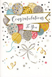 In this image, a stylish congratulations card stands proudly, its design centred around a joyful cluster of balloons that look almost ready to drift off above the rooftops of Dollis Hill. The balloons are drawn in a palette of soft yet celebratory shades-muted gold, cool silver, champagne cream, sky blue, blush pink, and gentle grey-each with its own decorative flair. Some balloons sparkle with fine glitter; others are patterned with tiny star motifs or slender stripes, and all are finished with subtle metallic outlines that catch the light. They overlap in a loose, organic arrangement, evoking the fullness of a well-balanced bouquet. From each balloon, delicate gold and silver ribbons cascade downwards, curling and crossing over like elegant stems tied with a hidden bow. Spanning the central area of the card is a graceful banner bearing the words Congratulations To You in ornate, flowing calligraphy that feels warm, heartfelt, and perfectly suited to proud milestones-whether a new job in nearby Neasden or a graduation celebrated back home near Dollis Hill Broadway. Around the balloons and banner, small metallic stars, dots of confetti, and playful swirls float across a light, neutral background, suggesting the sparkle of a party without overwhelming the eye. The overall mood is one of airy joy and genuine admiration, like walking into a room where friends and family have gathered to toast a hard-won success. It's easy to imagine this card nestled alongside a fresh arrangement, adding a touch of glamour and sincerity to any local Dollis Hill celebration.