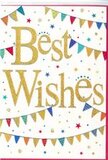 This greeting card radiates the spirit of celebration, like a small paper echo of a community gathering in Dollis Hill on a bright, breezy afternoon. Dominating the design, the words Best Wishes are written in luxurious gold script at the centre, each letter slightly raised and shimmering with a hint of glitter or metallic foil. The golden text stands out clearly on the pristine white background, exuding an air of polished joy rather than over-the-top sparkle. Arcing around this central message, strings of colourful bunting sweep across the card in soft curves, mimicking the way festive flags might sway gently above a local street party near Dollis Hill station. Every tiny triangular flag is rendered in vivid shades of blue, red, green, yellow, pink, and purple, with delicate patterns-tiny stripes, spots, and diamonds-adding depth and personality to each piece. Between the bunting lines, small stars and confetti-like dots are scattered irregularly, as though thrown up in a burst of excitement and now drifting slowly down through the bright space. These accents are kept small and airy, preserving the sense of movement and leaving generous areas of white that make the design feel modern and uncluttered. The overall impression is one of warm congratulations and hopeful beginnings, fitting for occasions such as a new job, a house move near Willesden Green, or success in exams. In a florist setting, this is precisely the kind of card that might accompany a celebratory bouquet from Dollis Hill Flowers, adding a sparkling, heartfelt note that speaks of support, pride, and genuine happiness for the recipient.
