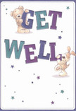 A whimsical get well card illustration shows a cuddly bear and a floppy-eared puppy working together to hold up the big, playful message GET WELL, as if they're delivering a hug right through the paper. The bold letters are stacked in two lines, with the bear perched sweetly on top of the word GET, paws wrapped around the deep purple and teal blocky shapes, while the pup balances its paws and nose against the chunky WELL beneath. Each character is drawn with soft, rounded lines and textured fur that looks velvety and comforting, like a favourite childhood toy waiting on a bedside table. Around them, scattered starbursts in shades of indigo, aqua, and gentle lavender sparkle across a clean, creamy white background, suggesting little sparks of hope floating in a quiet hospital room or a peaceful Dollis Hill bedroom. The colours feel cool and soothing yet still full of life, much like a calm evening sky over Gladstone Park after a rain shower. The overall composition is simple but thoughtfully arranged, with plenty of breathing space so the characters and message feel open, friendly, and easy on tired eyes. As a local florist used to pairing get well cards with soft, uplifting blooms, I can almost imagine sliding this card into a bouquet being delivered along Dollis Hill Lane, the cheerful artwork adding a light-hearted note of encouragement. The scene conveys gentle reassurance rather than loud celebration, a sense that recovery can be wrapped in warmth, kindness, and a touch of playful magic even on the quietest days.