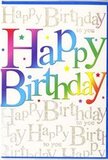 In this image, a striking birthday card stands proudly, radiating the same upbeat spirit you might sense when collecting a celebration bouquet from Dollis Hill Flowers before heading to a friend's gathering. The front is dominated by the bold greeting Happy Birthday, spelled out in large, curving letters that almost look hand-painted. Each character carries its own brilliant colour, yet they blend into one continuous rainbow sweep-deep berry reds, sun-kissed oranges, lemony yellows, fresh greens, ocean blues, and soft purples merging seamlessly, like the varied blooms in a carefully crafted arrangement. The surface of the letters appears smooth and lightly glossy, reflecting a few soft highlights that give depth and richness to the design. Behind this joyful message, the background is filled edge-to-edge with the repeated phrase Happy Birthday to you, written in a graceful, looping gold script. The metallic ink seems to glimmer gently, as if catching late afternoon light similar to that over nearby Gladstone Park, creating a subtle shimmer without overwhelming the central text. Tiny dots, specks, and star-like accents in coordinating colours are scattered throughout, echoing the look of thrown confetti and adding a playful sparkle. The composition strikes a beautiful balance: the bold, colourful letters immediately convey fun and excitement, while the delicate gold script introduces elegance and sentiment. It's the kind of card you can imagine being propped beside a birthday cake or nestled next to a bouquet on a Dollis Hill mantelpiece, quietly but confidently amplifying the joy of the occasion and making the recipient feel truly celebrated.