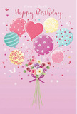 A whimsical birthday scene unfolds on a blush-pink background, as though painted from the imagination of a Dollis Hill florist who loves joyful celebrations. At the centre, a playful cluster of pastel balloons floats upward, carrying with it the spirit of a cheerful party near Gladstone Park. Each balloon has its own unique charm: some are wrapped in candy-coloured stripes of rose, teal, and lemon; others are dotted with lively polka patterns; a few show delicate floral designs; and a heart-shaped balloon glows warmly at the middle, suggesting affection and closeness. The colours-soft pinks, sea greens, lavender, and pale sunshine-blend into a harmonious palette that feels airy and light. Beneath the balloons, a hand-tied bouquet gathers at the base, brimming with delicate roses and anemone-like blossoms in shades of creamy ivory, blush pink, and gentle mauve. The petals look feathery and full, layered in a way that suggests both freshness and a subtle, comforting fragrance. A neat violet satin bow secures the stems, its glossy surface catching the same soft light that gleams on the balloons above. Tiny, scattered stars and fluttering butterflies drift around the arrangement, transforming the composition into something almost storybook-like, as if a garden party had taken flight. The overall mood is bright, sweet, and perfectly festive-a visual capture of a birthday meant to feel unforgettable, like receiving a thoughtfully chosen card alongside a bouquet delivered across Dollis Hill, created to bring an instant smile and a sense of wonder.