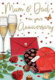 This anniversary card illustration paints a vivid, romantic scene that feels perfectly suited to a long-married couple in Dollis Hill, especially those lovingly called Mum and Dad. The eye is drawn first to two champagne flutes standing close together at the back, their clear glass stems almost touching, filled with softly glowing golden fizz. The bubbles rise in fine streams, creating a sense of gentle movement and the anticipation of a toast shared at the end of a celebratory dinner near Gladstone Park. In the foreground, a heart-shaped chocolate box, rich red and beautifully finished with a lush, satin bow, sits slightly open. Inside, rows of mouth-watering chocolates are carefully arranged, each one promising a different sweet surprise, much like the small joys shared through years of marriage. Nestled beside the box are two deep red roses, their petals thick and velvety, spiralling outwards in plush layers that convey romance and care, as if freshly chosen from a local Dollis Hill florist just that morning. Their green leaves add a hint of garden freshness to the otherwise indulgent tabletop scene. A scarlet envelope lies nearby, its surface smooth and sealed, hinting at heartfelt written words inside-perhaps promises renewed or thanks for a lifetime of love. All around, small crimson and gold hearts float lightly against the background, while an elegant script spells out wishes for Mum & Dad, tying the theme together. The composition feels intimate, cosy, and celebratory, like peeking into a cherished family moment unfolding quietly behind the doors of a home off Dollis Hill Lane.